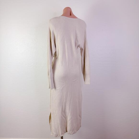 WAYF Ribbed Knit Long Sleeve Tie Wrap Sweater Dress Cream Fall Cozy Size L NWT - Picture 7 of 12